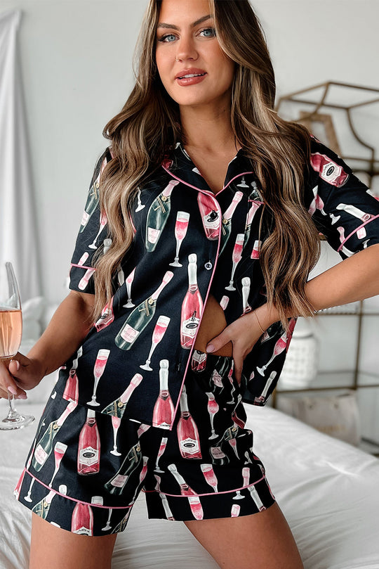 Silky Black Champagne Pajamas Set