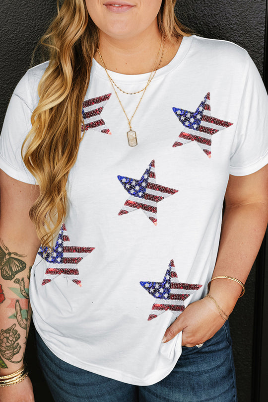 White Sequin American Flag Star Pattern Plus Size Tee - Klazzi Fashion Boutique