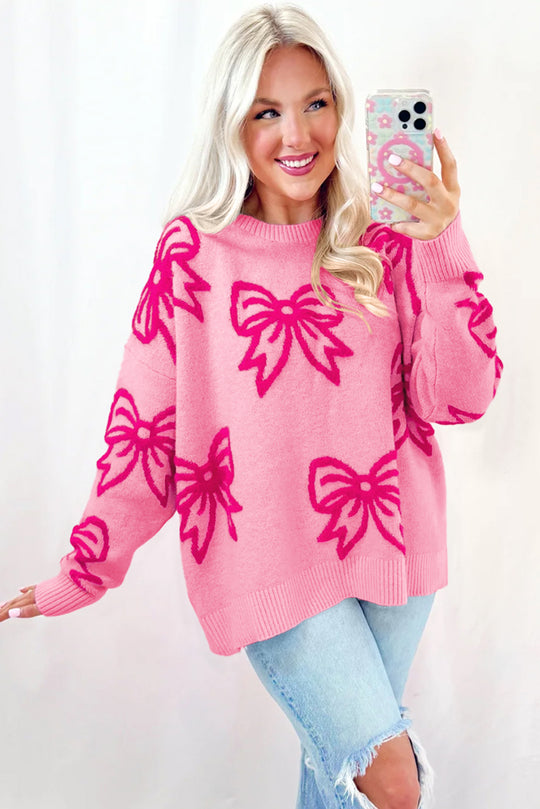 Pink Bow Pattern Loose Sweater