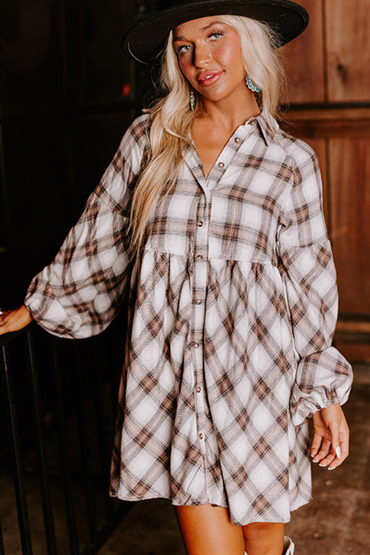 Brown Plaid Bubble Sleeve Shirt Dress