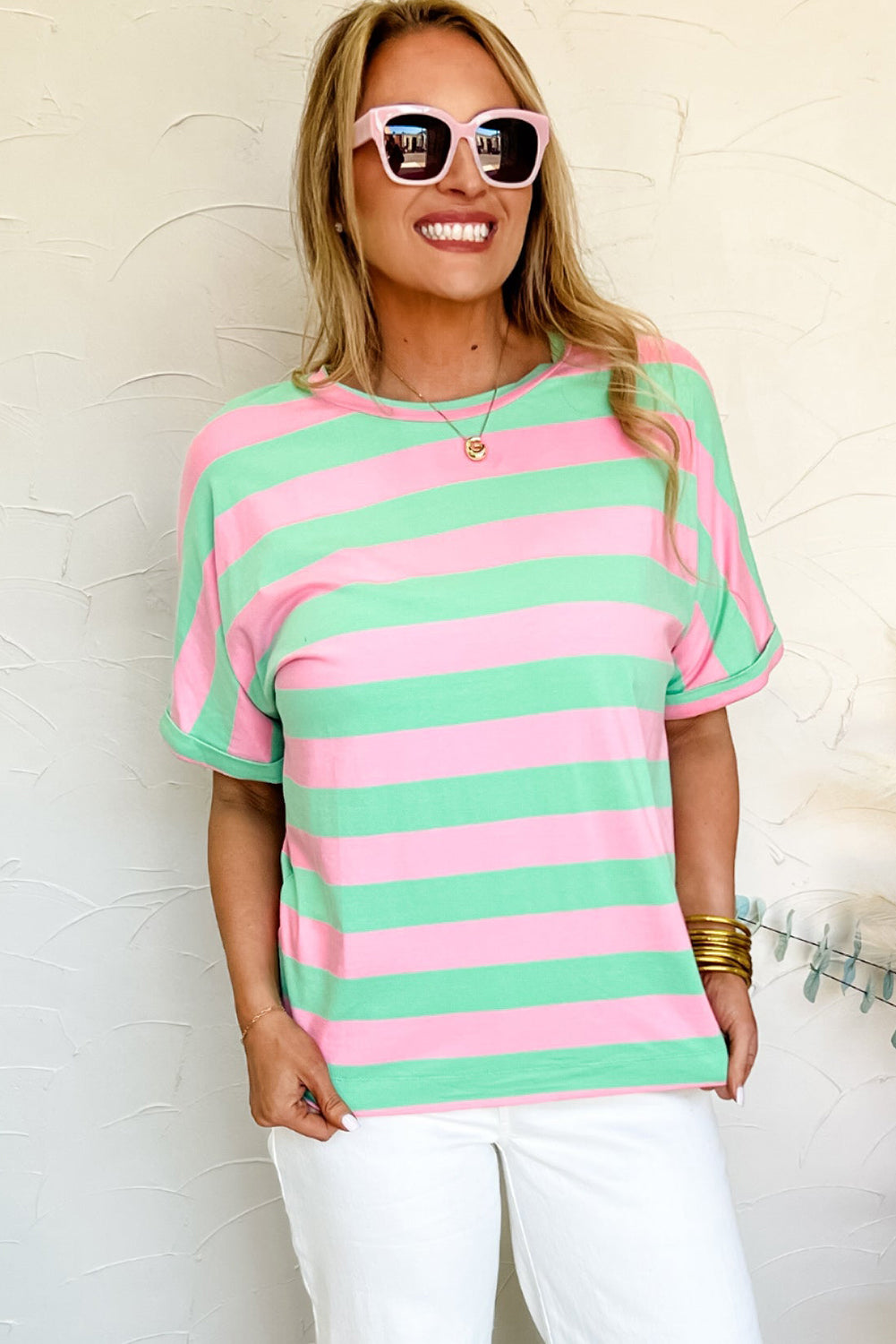 Pink and Mint Stripe Cuffed Sleeve Loose Tee