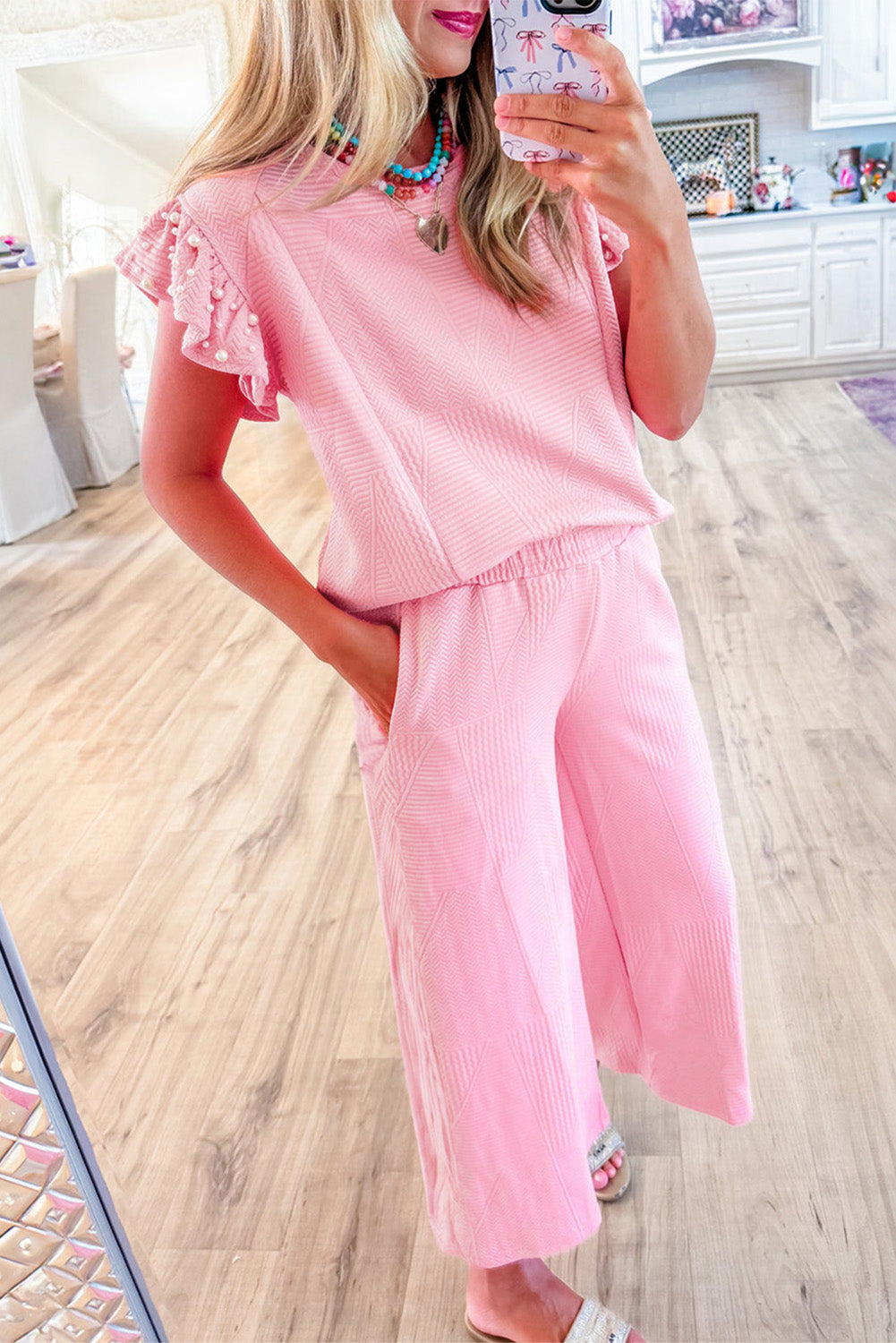 Ruffled Pearl Wide Leg Pants Set