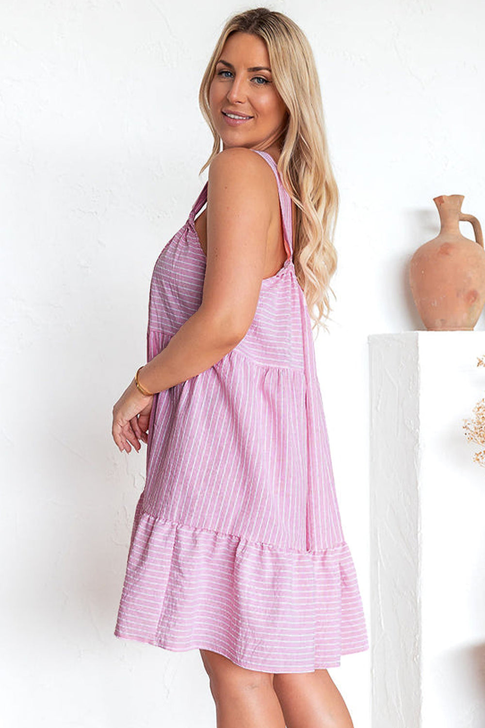 Ruffled Pink Pinstriped Mini Flared Dress