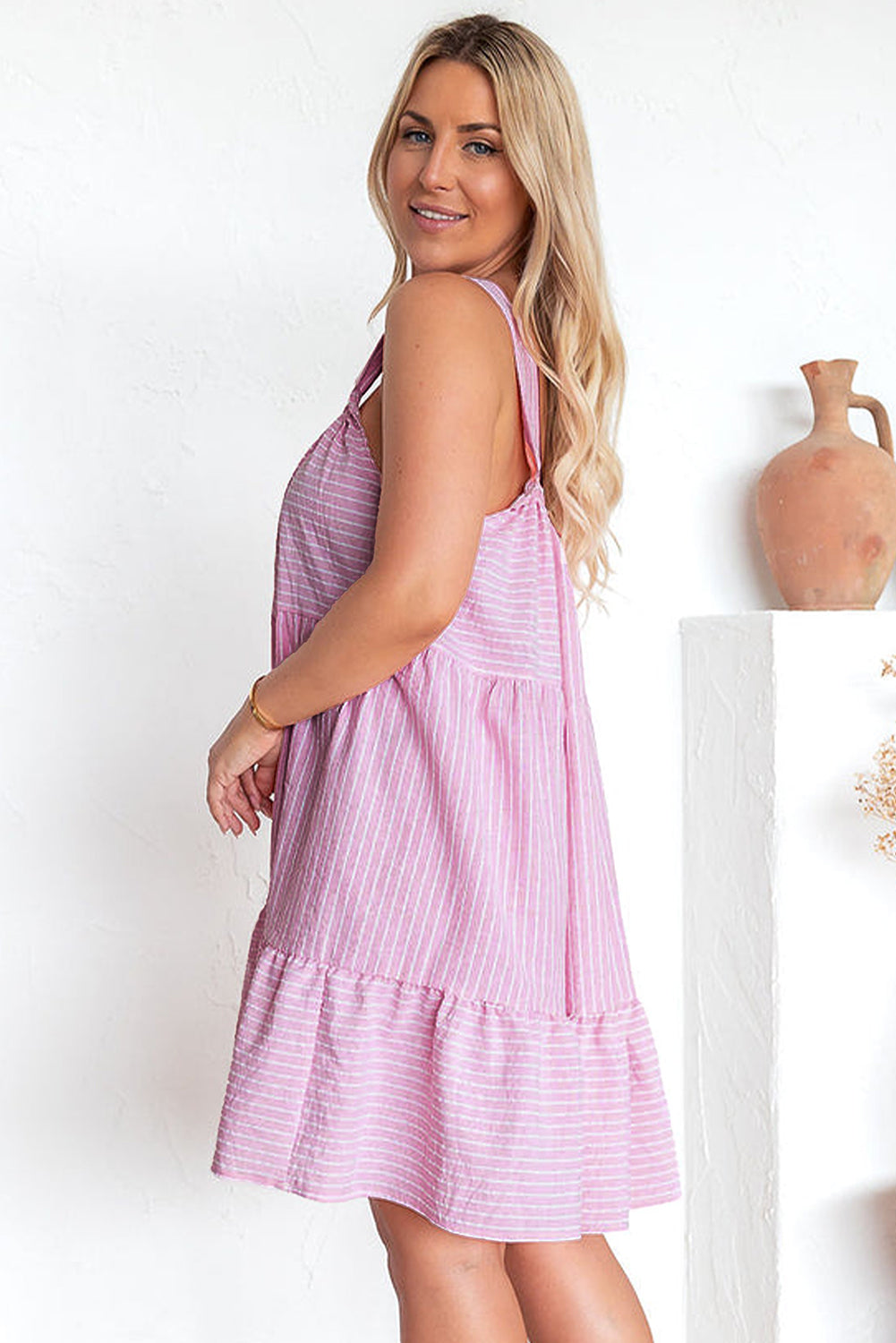 Ruffled Pink Pinstriped Mini Flared Dress