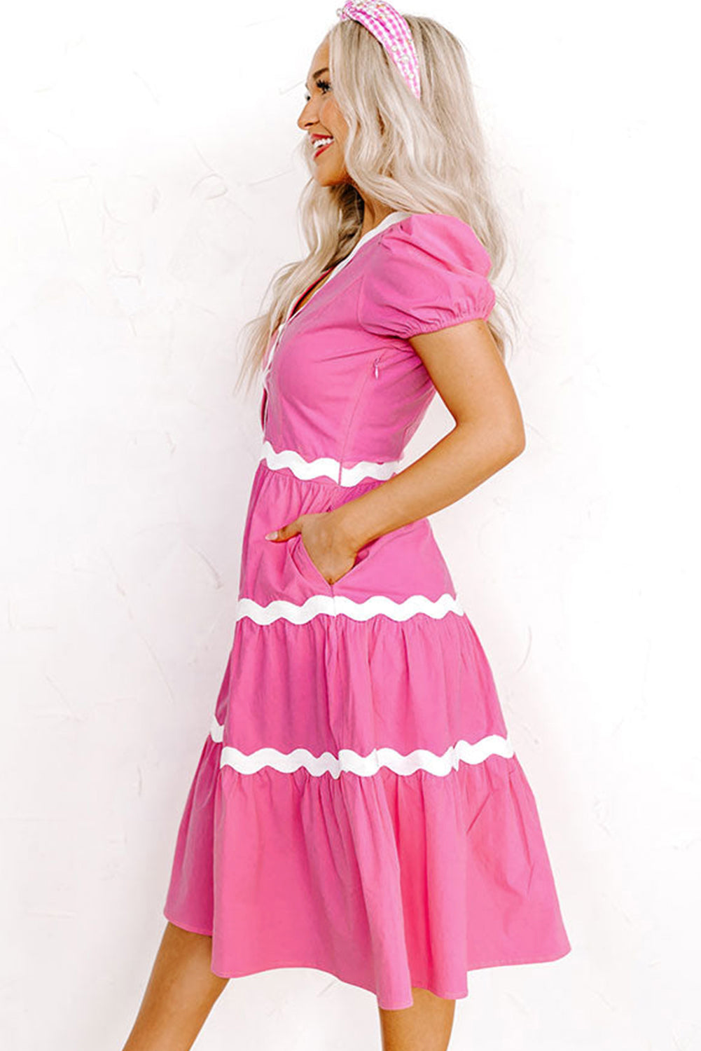 Darling Hot Pink Zig Zag Flowy Midi Dress