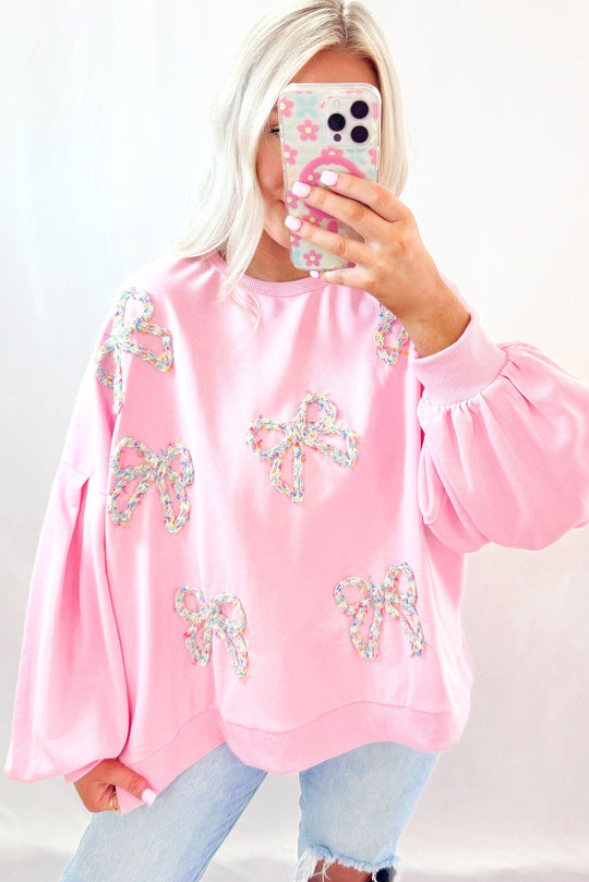 Pink Embroidered Bows Oversized Sweatshirt