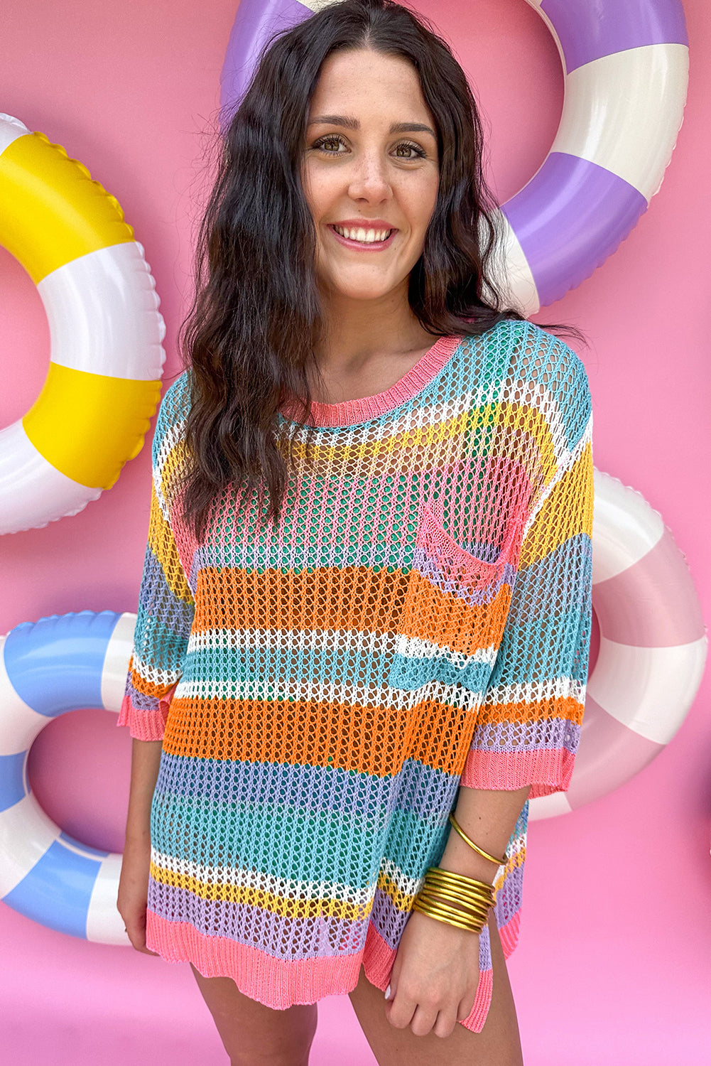 Hollowed Multicolor Pink Stripe Crochet Sweater