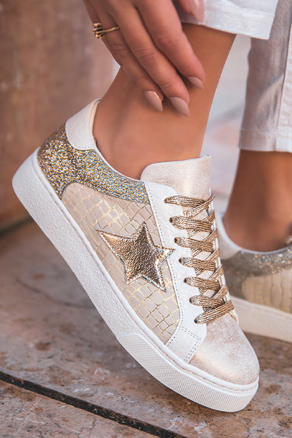 Leather Metallic Gold Glitter Star Sneakers