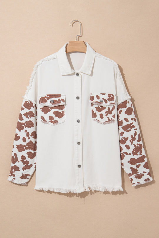  Distressed Cow Print Long Denim Jacket