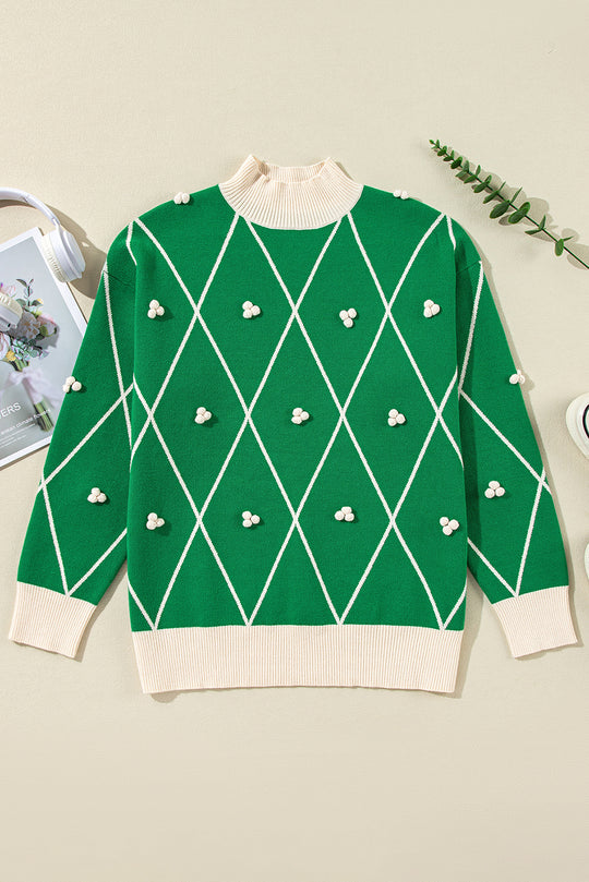 Holly Pom Pom Green Diamond Pattern Sweater