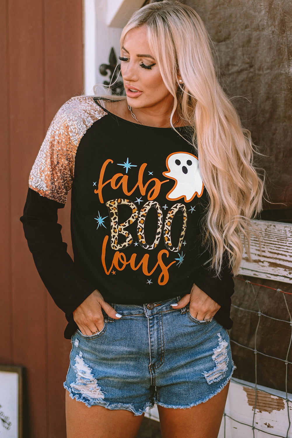 Sequin Fab- Boo- lous Leopard Ghost Long Sleeve Top