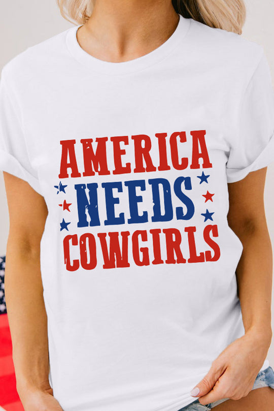 "America Needs Cowgirls" White Graphic T-Shirt