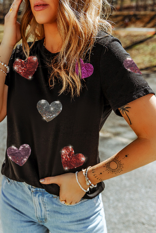  Hearts Sequin Patches Valentines Tee