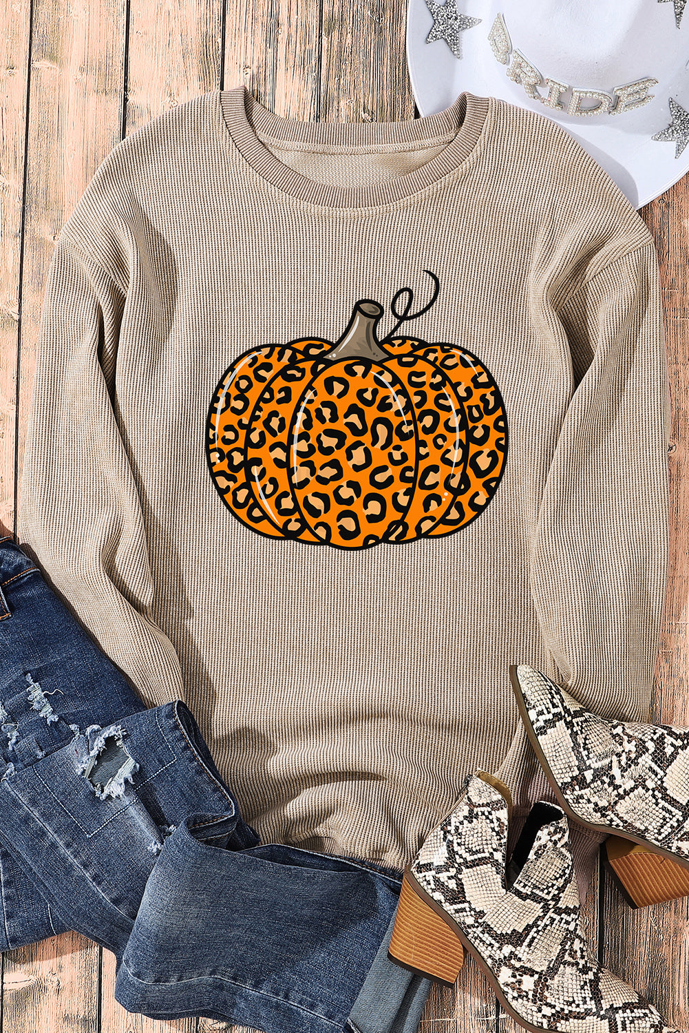 Pumpkin Orange Leopard Graphic Corduroy Sweatshirt