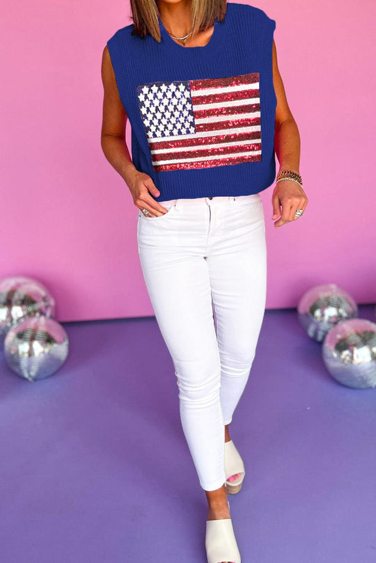 Sparkling Sequin American Flag Knitted Vest