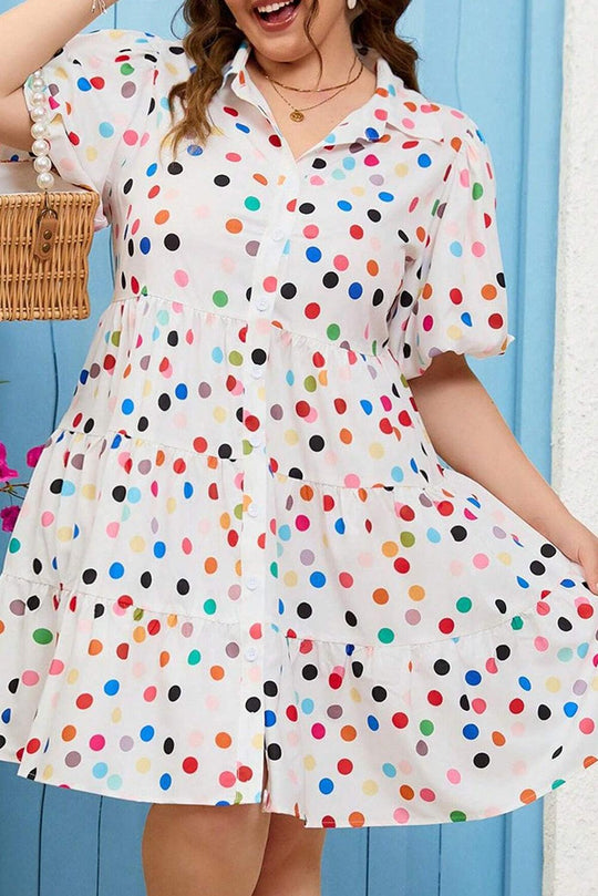 Plus Size Party Pop Polka Dot Buttoned Shirt Dress