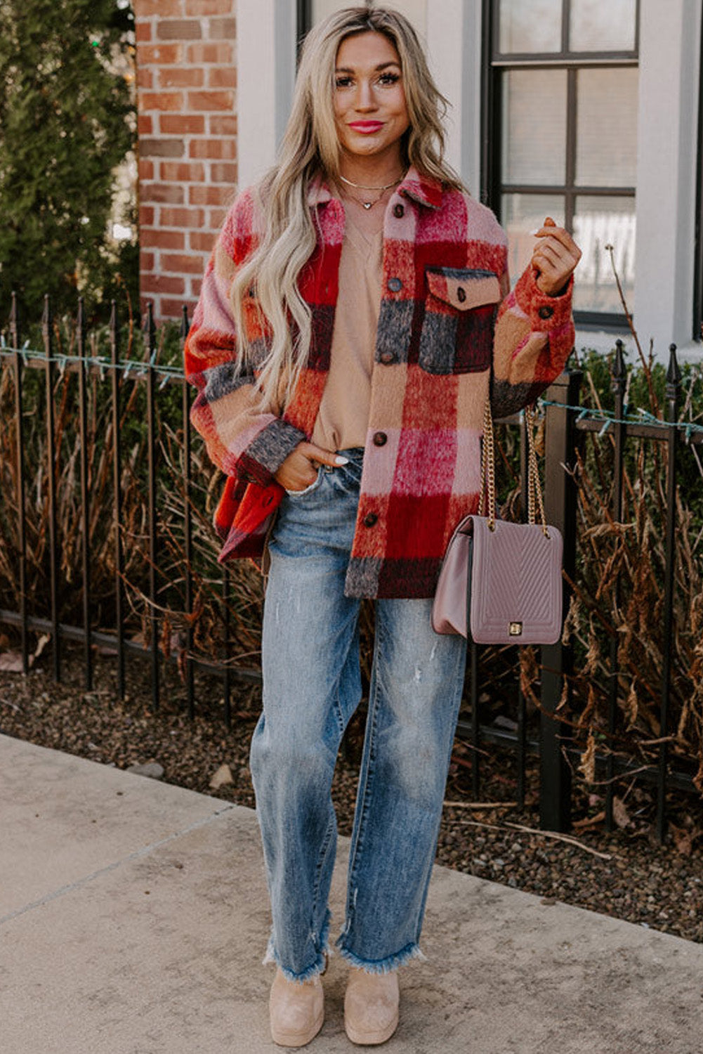 Orange Plaid Casual Buttoned Plus Size Shacket