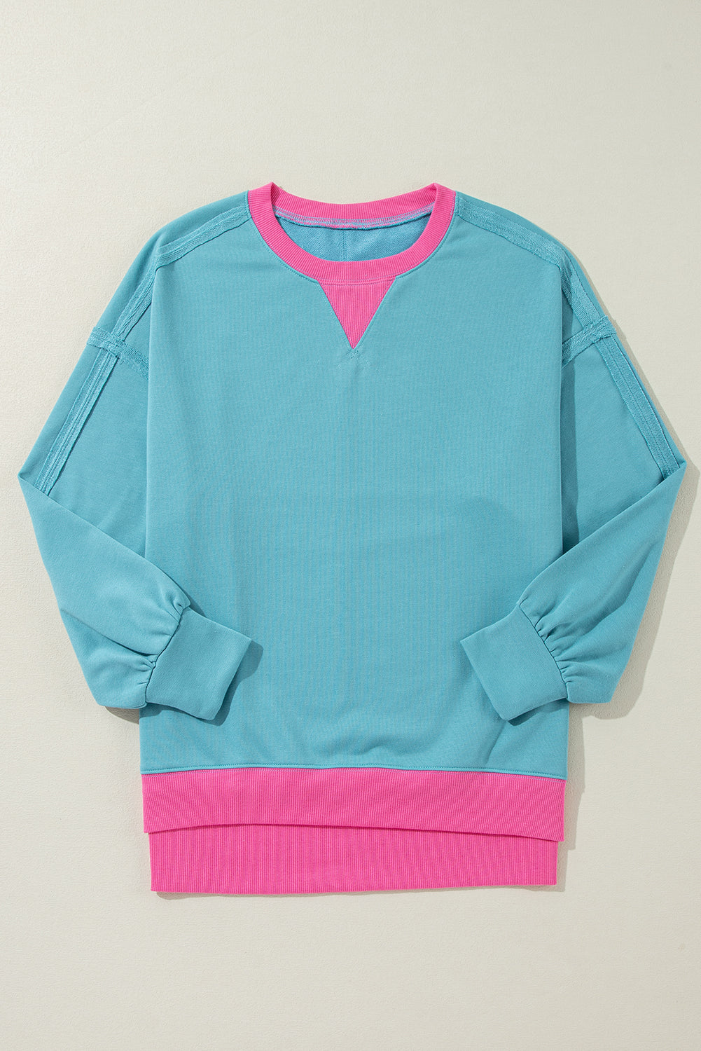 Aqua Blue and Pink Patchwork Loose Sweatshirt