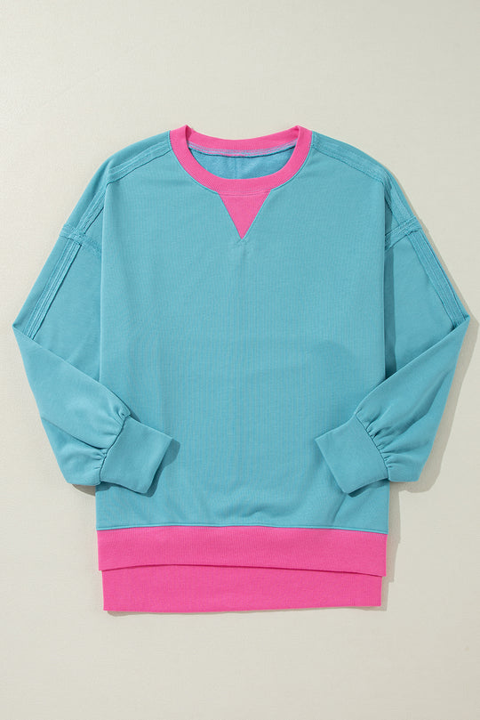 Aqua Blue and Pink Patchwork Loose Sweatshirt