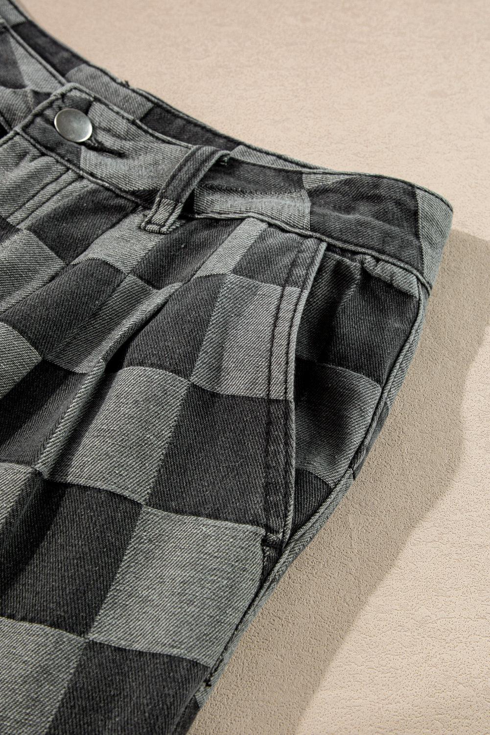  Checkered Denim Wide Leg Denim