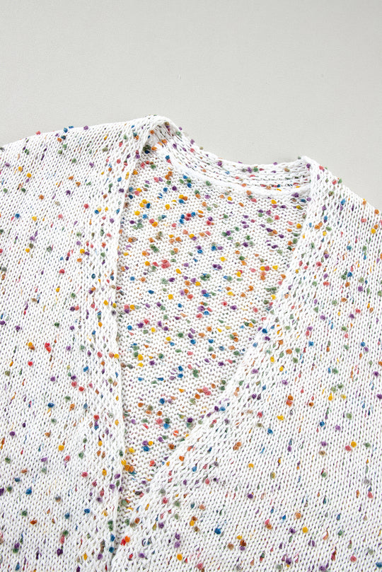 Dotted Multicolor Dotted Cream Knit Long Sleeve Cardigan