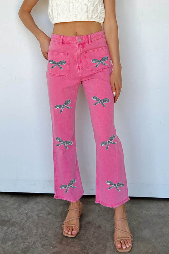 Glitter Sparle Sequin Pink High Waist Flared Jeans