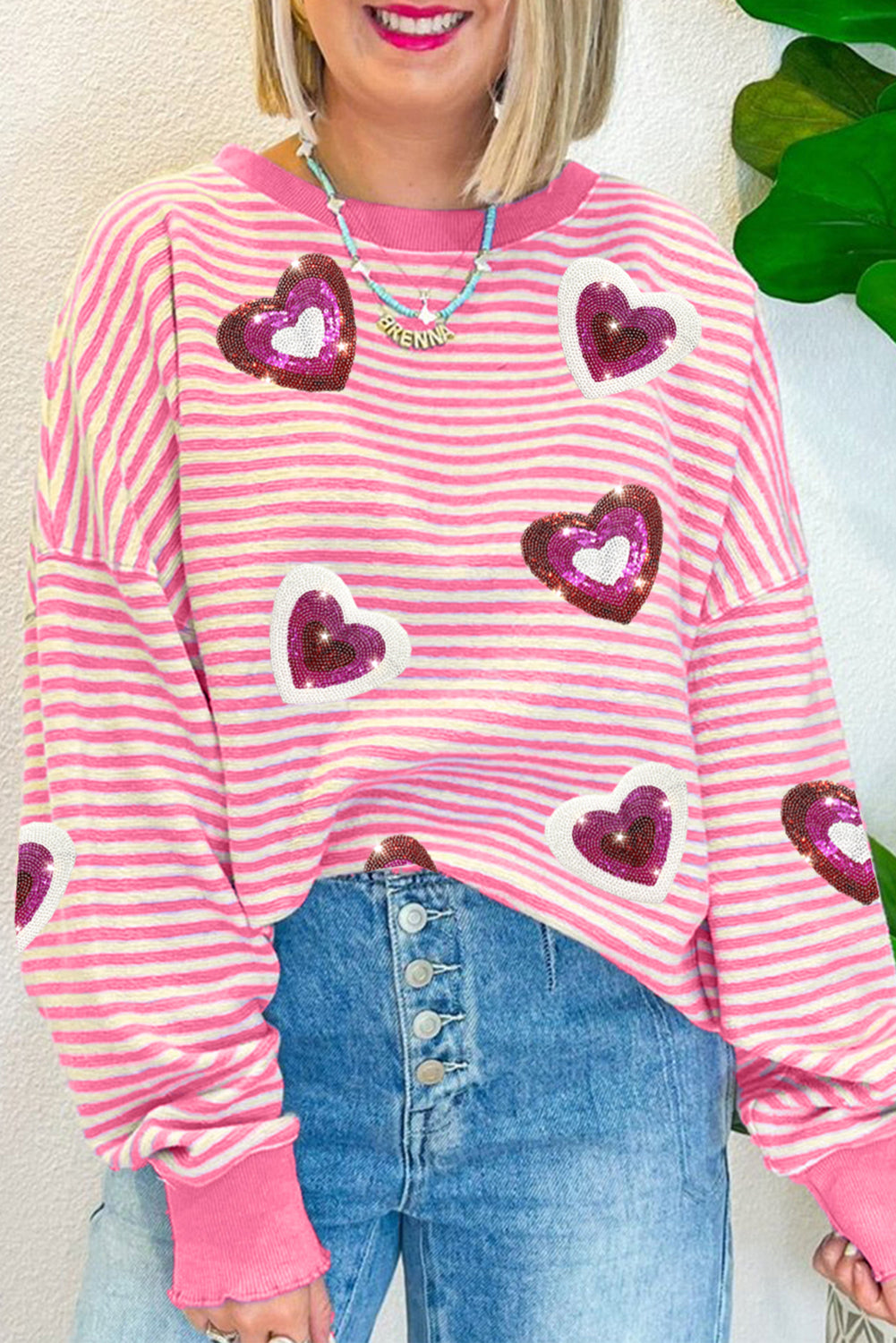 Sequin Pink Stripe Hearts Patches Valentines Sweater