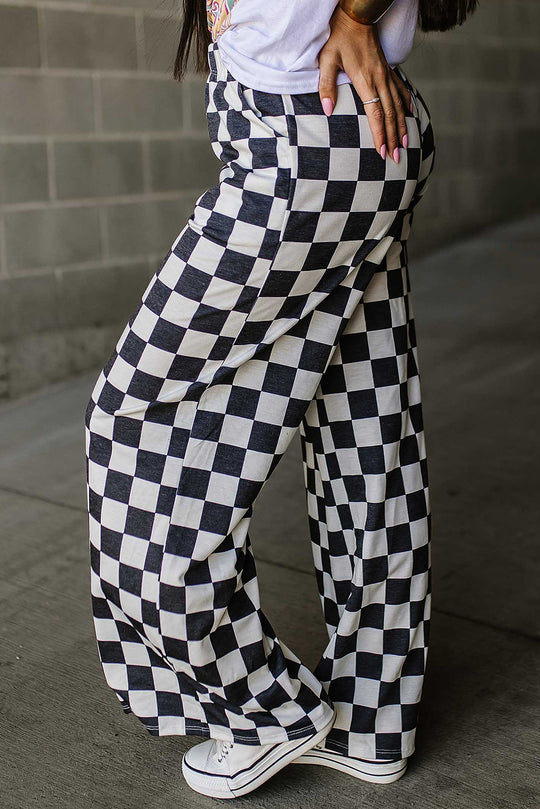 Checked Wide Leg High Waist Pants