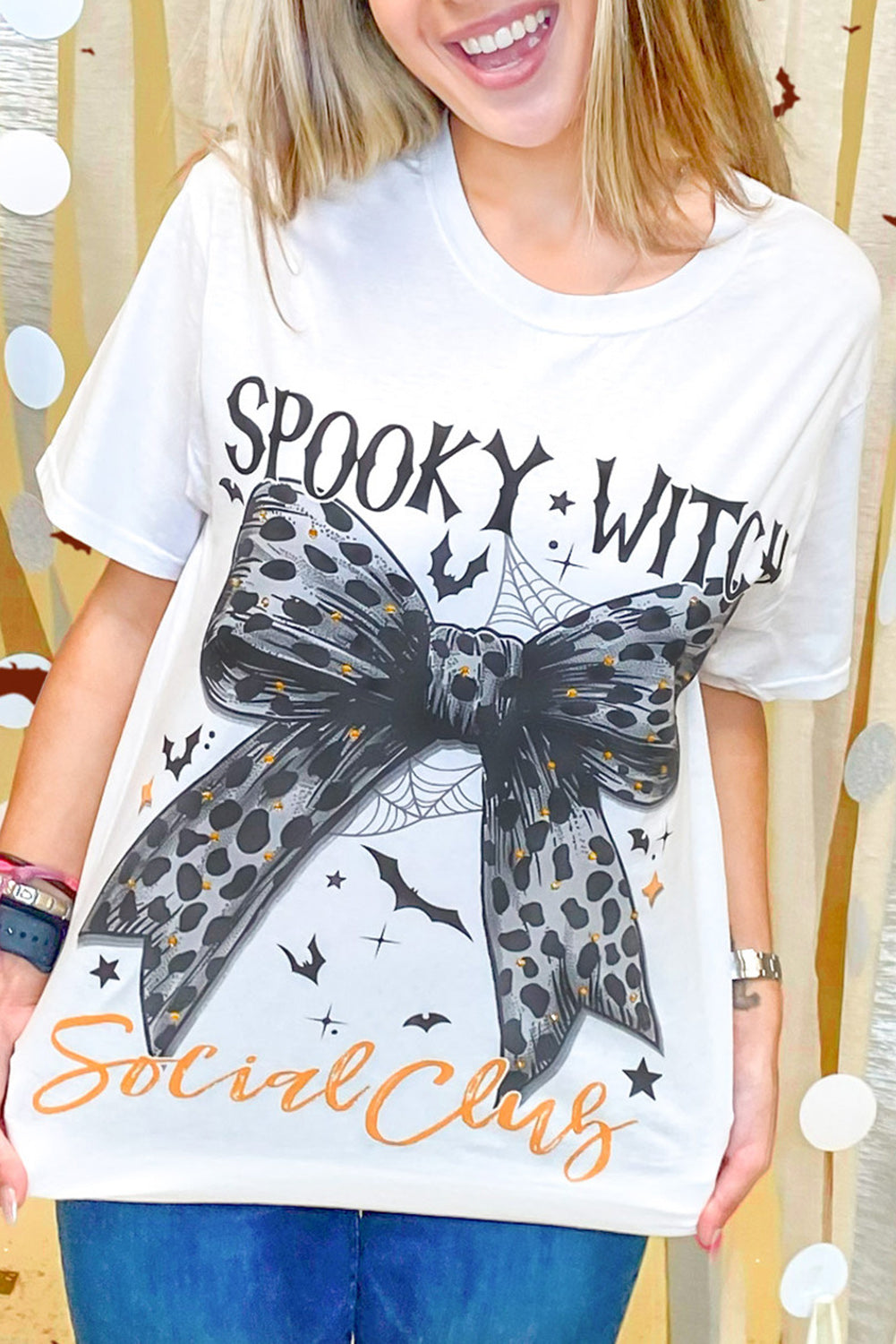  Leopard Bow Bat "SPOOKY WITCH" Graphic Halloween T Shirt