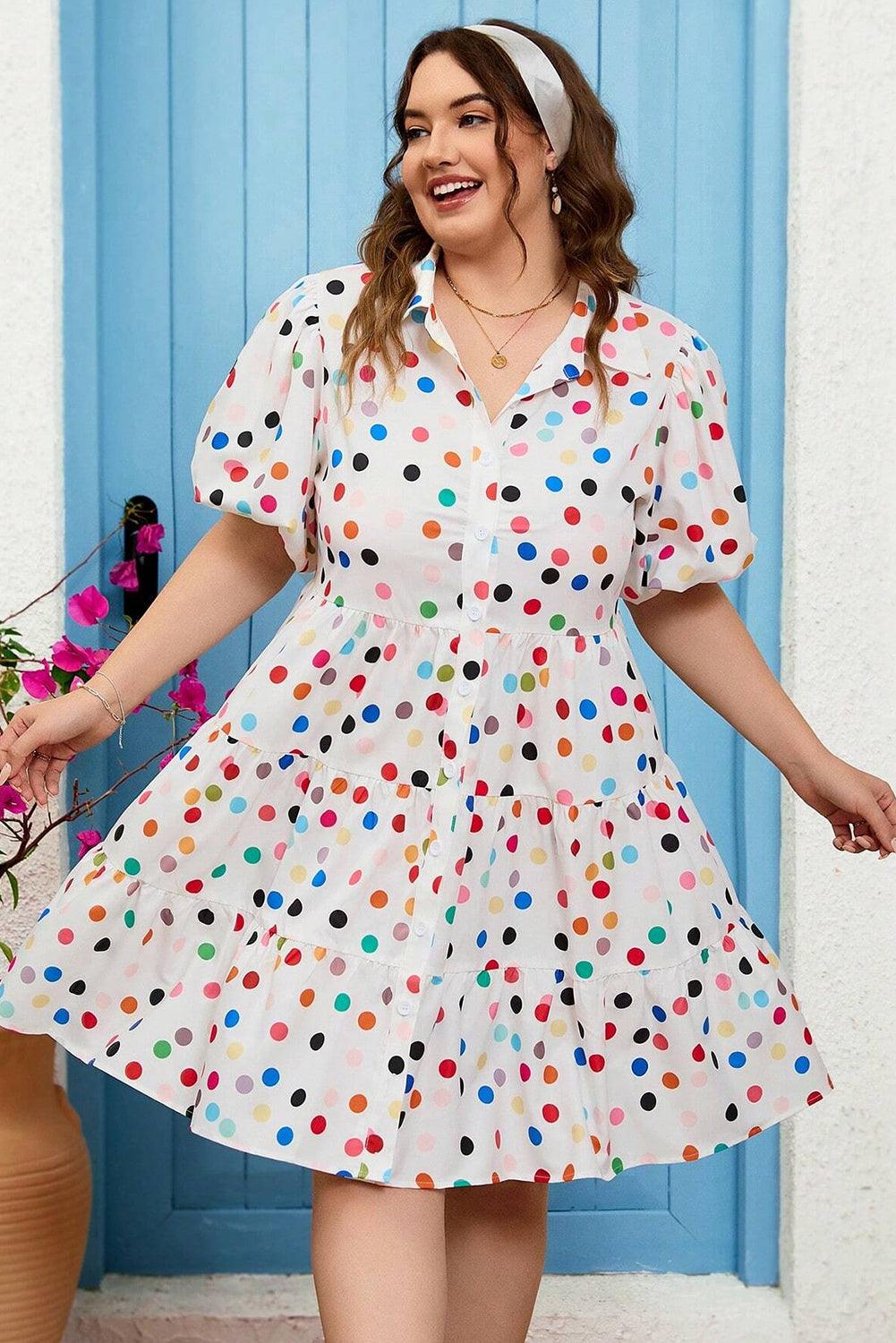 Plus Size Party Pop Polka Dot Buttoned Shirt Dress