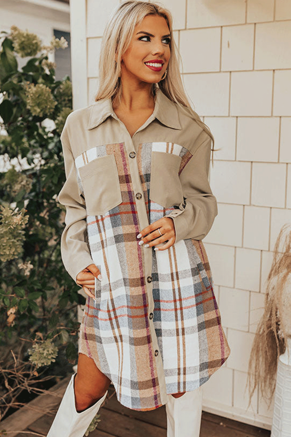  Plaid Camel Long Sleeve Shirt Mini Dress