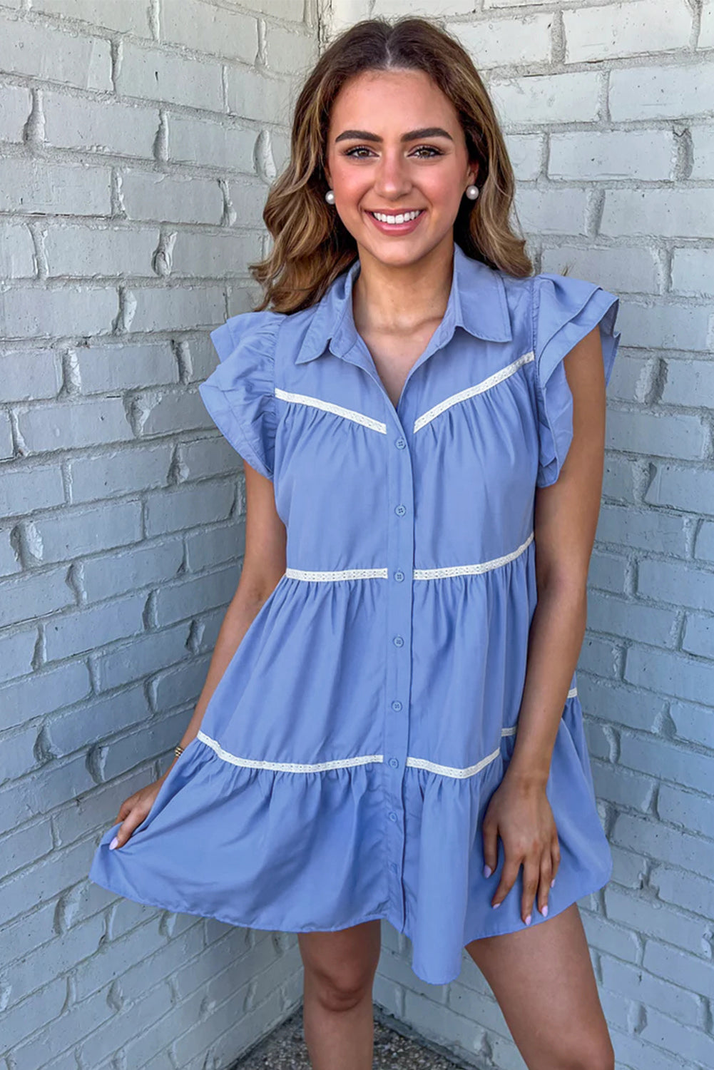 Ruffled Lace Tiered Blue Dress