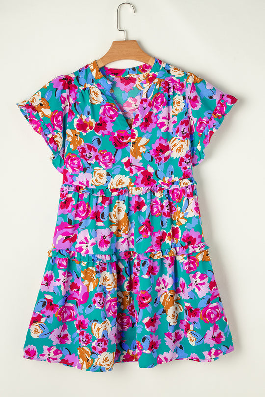 Diane Ruffle Turquoise Rose Floral Short Dress