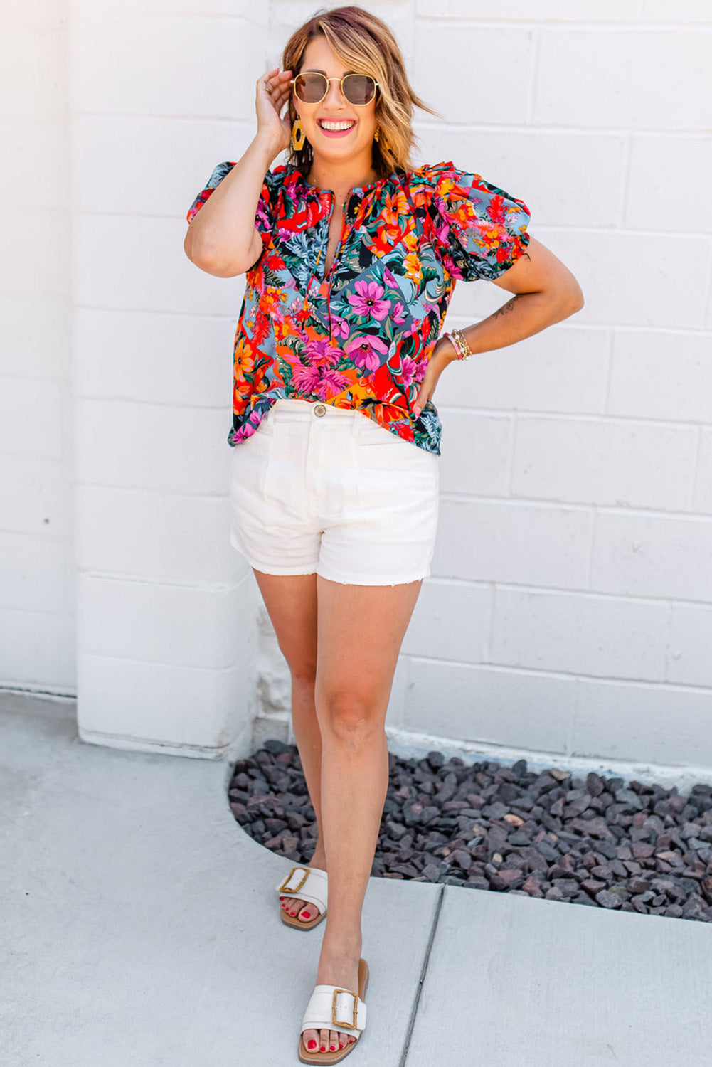 Red Ruffled Multicolor Floral Blouse