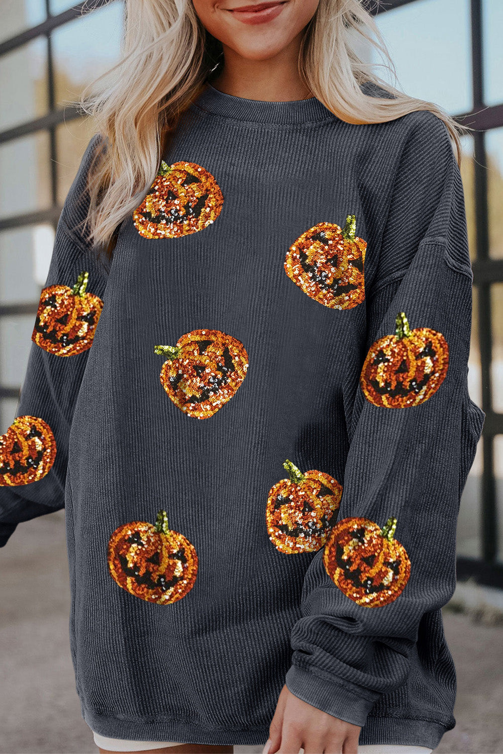 Halloween Bougie Sequined Pumpkin Corduroy Baggy Sweatshirt