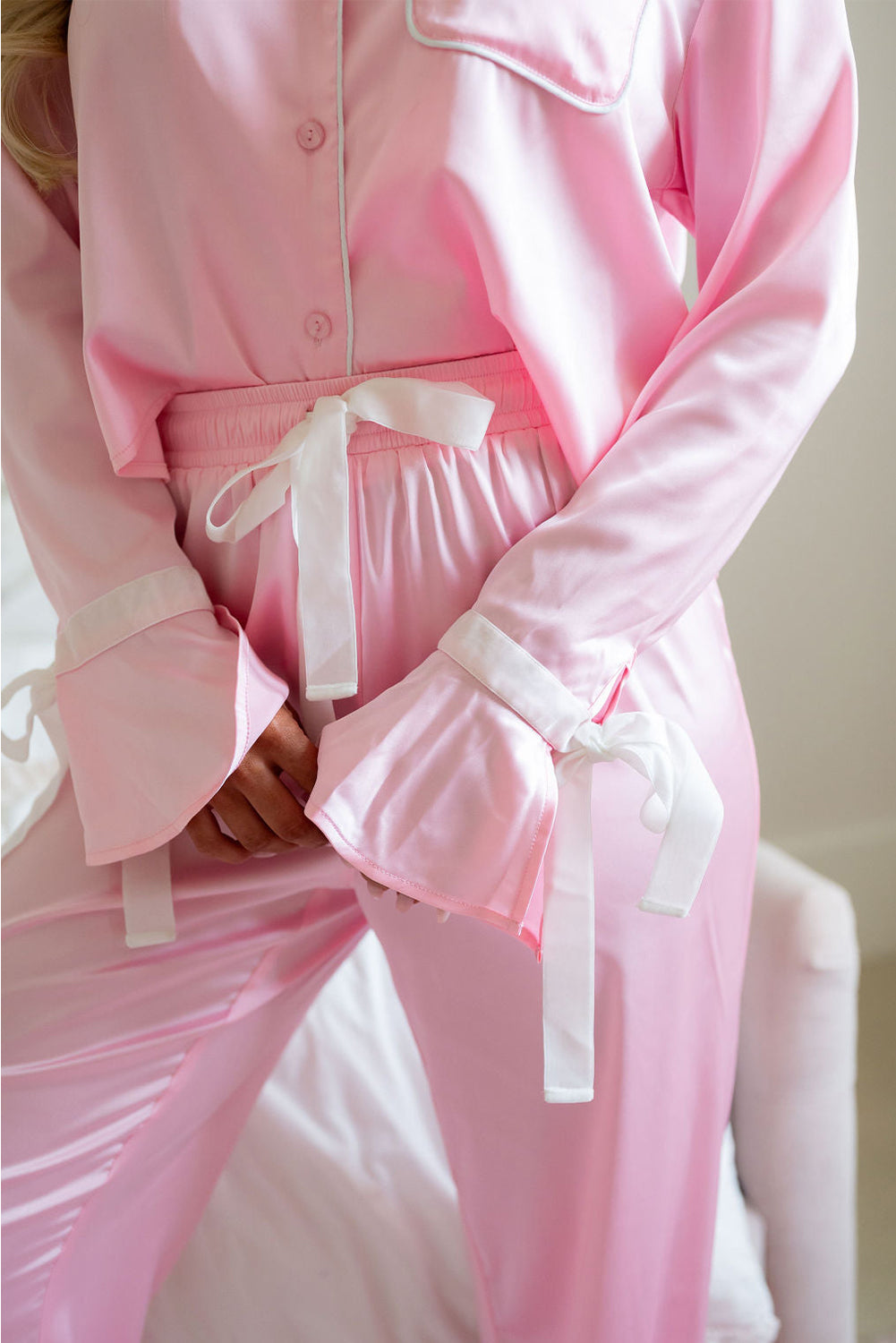 Ruffled Satin Pink Knot Pants Lounge Set