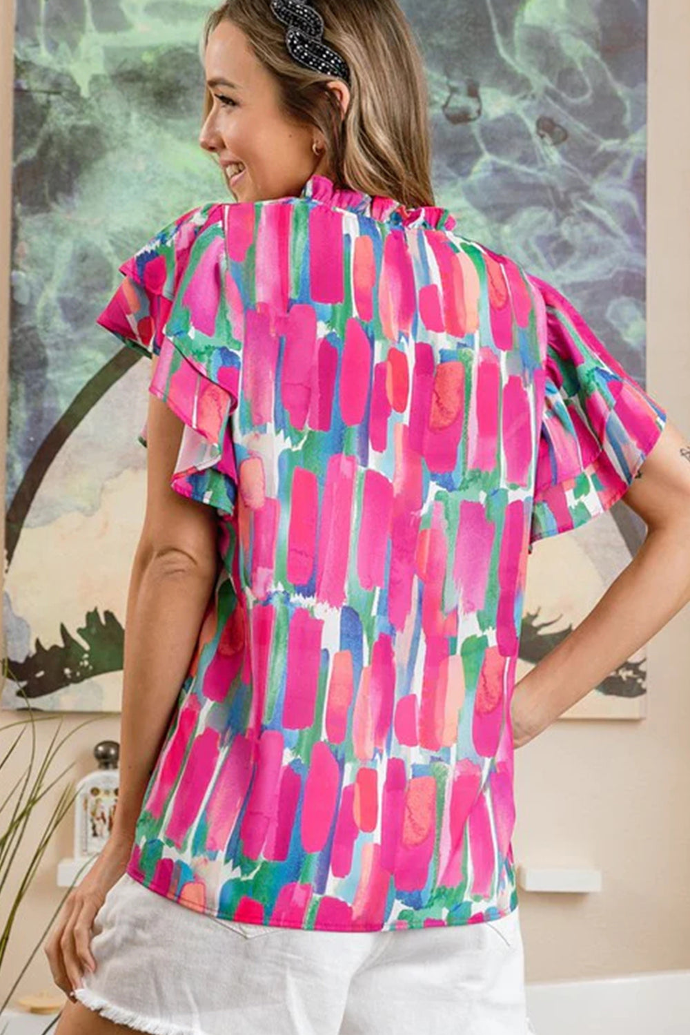 Tiffany Ruffled Multicolor Abstract Brush Blouse