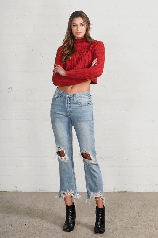Ripped Frayed High Rise Cropped Straight Denim