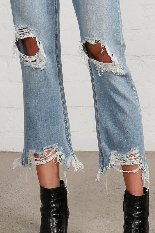 Ripped Frayed High Rise Cropped Straight Denim