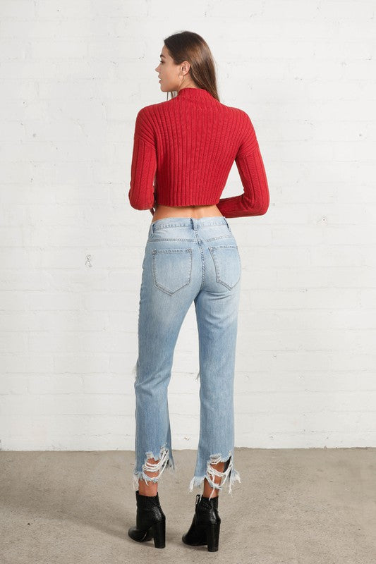 Ripped Frayed High Rise Cropped Straight Denim - Klazzi Fashion Boutique