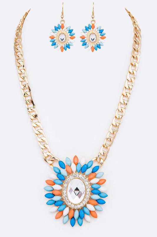 Orange and Blue Flower Pendant Necklace Set