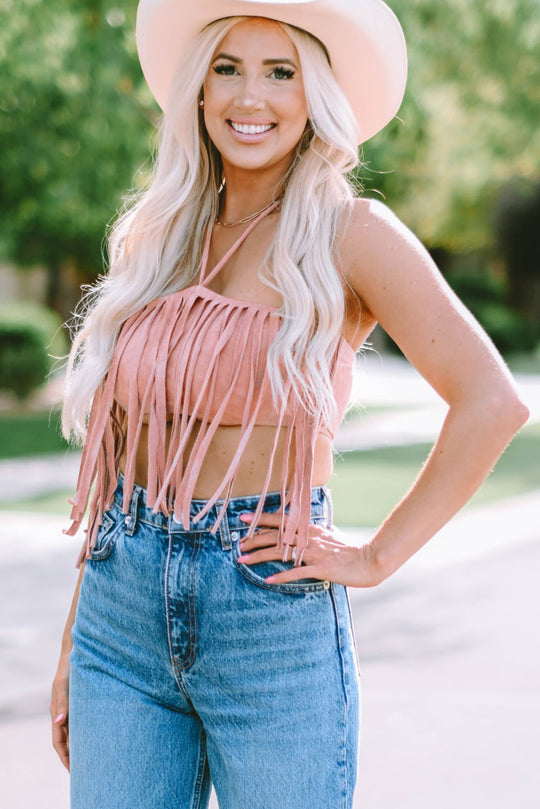 Pink Tassel Drawstring Bandeau Crop Top