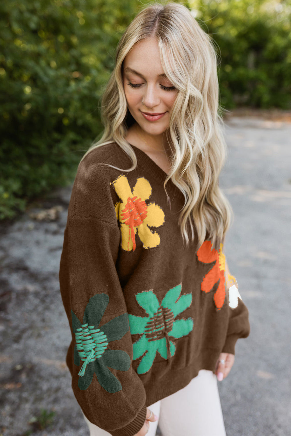 Sally Bold Flower s Coffee Sweater