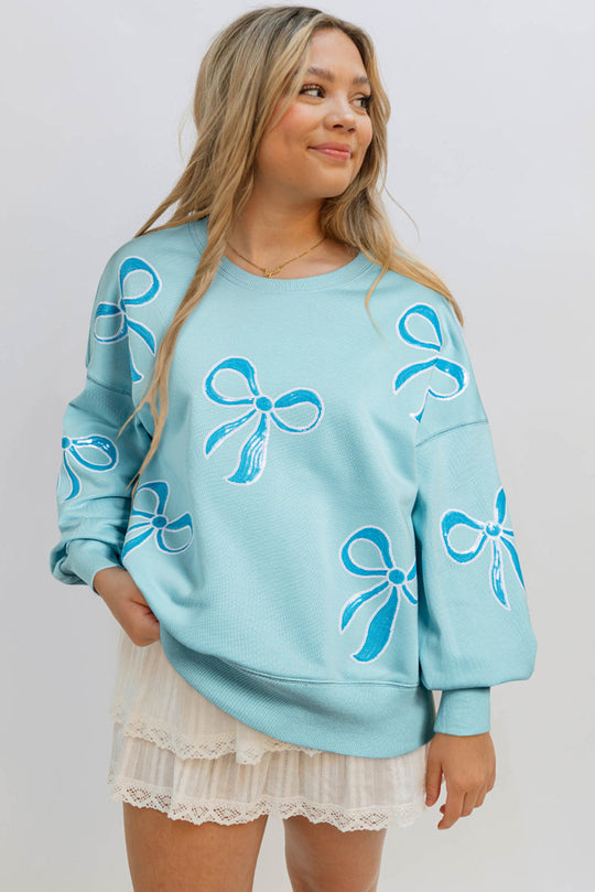 Cotton Candy Blue Sequin Bowknot Oversized Sweatshirt