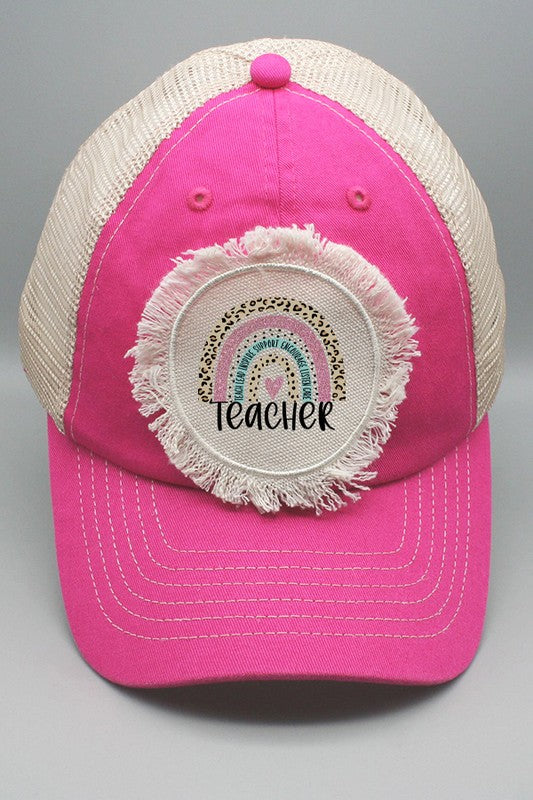 Leopard Rainbow Pink "Teacher" Cap