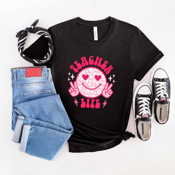 Leopard Smiley Face "Teacher Life" Graphic Tee