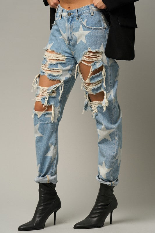 Slouchy Heavy Distressed Star Denim - Klazzi Fashion Boutique