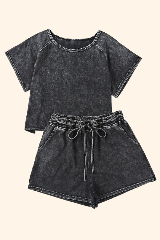 Black Acid Washed Short Lounge Set - Klazzi Fashion Boutique