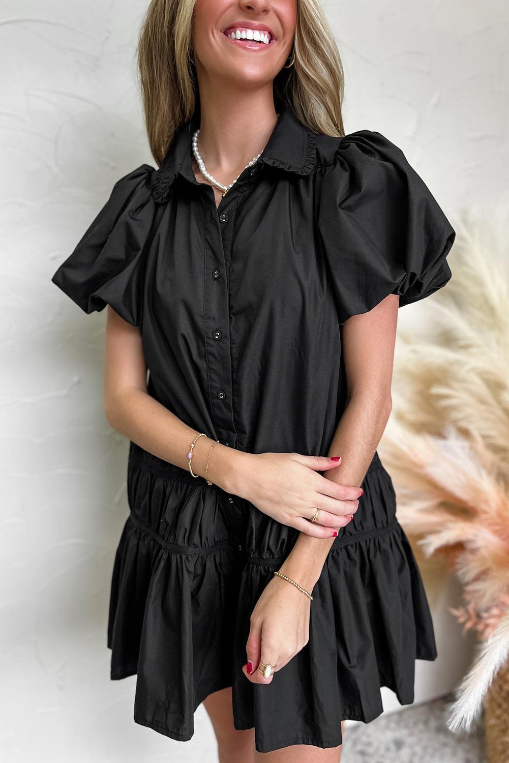 Teri Black Ruffled Shirt Style Dress