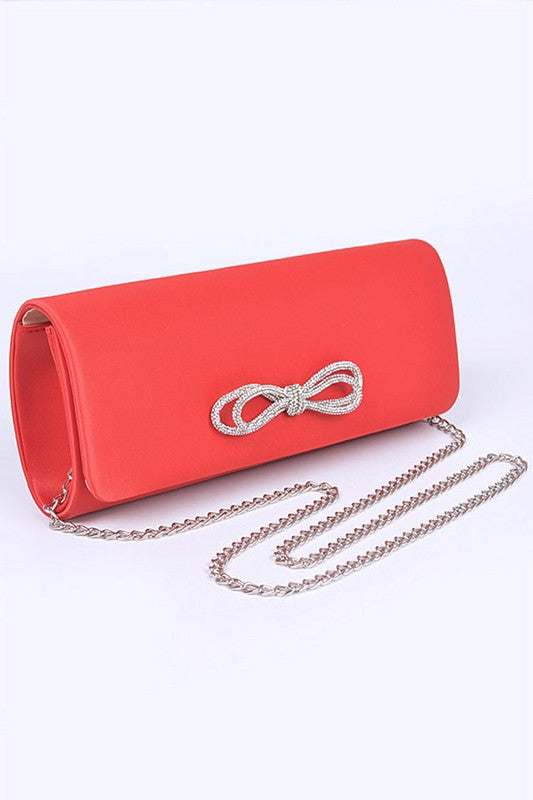 Satin Rhinestone Bow Clutch Bag